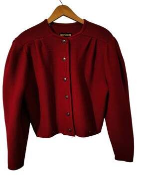 6218)Vtg 80s Geiger of Austria Red Boiled Wool Puff Sleeve  Cardigan Sweater 38